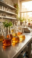 Laboratory flasks containing amber and golden liquid samples on countertop with shelving, plants, and window light, suitable for science, research, and educational content.