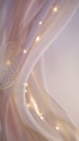 Soft pink curtains with warm fairy lights and decorative wire spheres creating cozy ambient lighting for home decor and interior design projects.