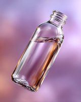 Clear glass bottle with liquid on purple gradient background, reflective surface showing light refraction and transparency effects for beverage or cosmetic packaging.