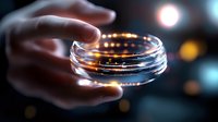 Glowing magical light rings floating above hand with blurred bokeh background creating mystical atmospheric mood for fantasy and spiritual concepts.