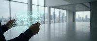 Hands holding transparent digital tablet with glowing network interface in modern office space with city skyline view through windows.