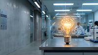 Glowing light bulb with brain inside on lab table, surrounded by science formulas and DNA icons, symbolizing innovation and research.