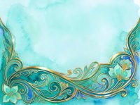 Ornate turquoise and gold floral border with watercolor wash background, featuring decorative scrollwork and flourishes for elegant design projects.