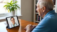 Senior Caucasian man having telemedicine video call consultation with female doctor on tablet at home office desk for remote healthcare appointment.