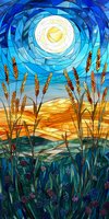 Stained glass style landscape with golden wheat stalks against rolling hills, vibrant blue sky, and radiant sun. Wildflowers bloom in foreground creating mosaic effect.