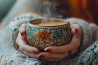 Woman hands holding steaming hot coffee in ornate ceramic mug with floral pattern. Cozy winter morning beverage concept for cafes and relaxation themes.