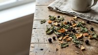 Herbal tea blend with dried herbs, berries and spices scattered on rustic wooden table. Natural organic ingredients for healthy beverage preparation and wellness.