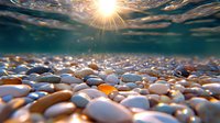 Underwater view of smooth pebbles on seabed with sunburst penetrating water surface, creating magical light rays and reflections in crystal clear turquoise water.