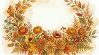 Watercolor autumn floral wreath with orange roses, chrysanthemums, and fall leaves on light background, copy space for seasonal greeting cards.
