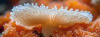 Delicate white coral polyp macro shot showing intricate details and texture against vibrant orange background, underwater marine life photography.