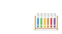 Test tubes with colorful liquids in wooden rack isolated on white background, suitable for science education, chemistry laboratory, medical research, and educational materials.
