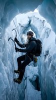Professional ice climber with axes and gear ascending frozen crevasse in glacier cave. Extreme winter mountaineering adventure sport in icy blue environment.