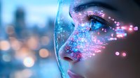 Futuristic female profile with glowing digital particles dissolving across face against blurred city lights background in blue and pink neon colors. Artificial intelligence concept.