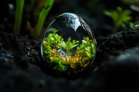 Crystal ball in dark forest setting reveals miniature magical garden world with vibrant moss and ferns, creating ethereal nature photography composition.