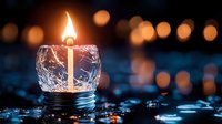 Glowing candle in crystal holder with warm bokeh lights in background, creating atmospheric mood for meditation, relaxation or spiritual ceremony.
