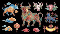 Colorful Chinese zodiac ox set with decorative bulls, lantern, clouds, and floral elements, isolated on transparent background, ready for clipart, stickers, and print on demand.