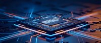 Advanced microprocessor chip with glowing circuit pathways on dark blue circuit board background for technology and computing applications.