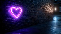 Glowing neon pink heart sign on dark brick wall in moody urban alley with wet pavement reflections and atmospheric lighting creates romantic nighttime ambiance.