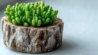 Vibrant green succulent plant growing in natural wooden log planter against soft neutral background, perfect for home decor and interior styling.