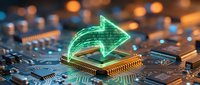 Green holographic arrow emerging from computer processor chip on circuit board with glowing bokeh lights representing digital transformation and tech progress.