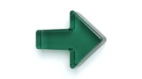 Green glossy arrow pointing right isolated on white background for web design, presentations and navigation elements.