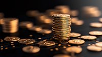 Stack of golden coins on dark background with scattered money around, dramatic lighting creates luxurious atmosphere for financial and wealth concepts.
