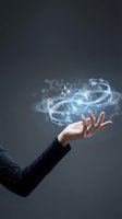 Businessman hand presenting holographic molecular structure with glowing digital elements and futuristic technology interface on dark background.