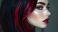Profile view of young woman with striking black and red hair, glowing skin, and bold crimson lips against dark background.
