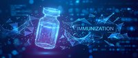 Futuristic vaccine vial with glowing network connections and immunization text on blue digital background for medical technology concepts.