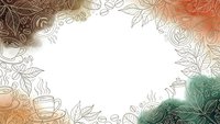Elegant floral border frame with coffee cups and teapot in warm autumn colors on white background for cafe menu design and branding materials.