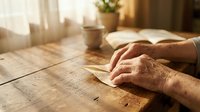 Senior hands resting on open book at wooden table with warm sunlight streaming through window creating peaceful reading moment for elderly person.