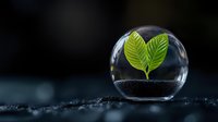 Young green plant seedling growing inside water drop or glass sphere on dark background, environmental conservation concept for sustainable future.