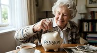 Smiling elderly Caucasian woman inserting coin into piggy bank labeled pension, sitting at home table with tea cup and old photos.