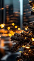 Christmas tree branches with warm golden lights against blurred city skyline at night creating festive holiday atmosphere for seasonal celebrations and decorations.