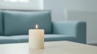 Single white burning candle on coffee table against mint green sofa in minimalist living room interior, creating peaceful atmosphere for meditation and relaxation.
