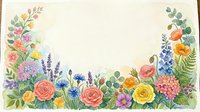 Watercolor floral border frame with colorful garden flowers, roses, lavender, and greenery on white background with copy space.