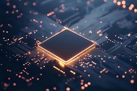 Glowing microprocessor on circuit board with orange light effects and bokeh, modern computer technology concept for artificial intelligence and computing.