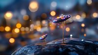 Magical glowing mushrooms on moss-covered surface with warm bokeh lights creating enchanting fantasy atmosphere for digital art projects.