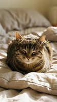 Tabby cat resting on rumpled beige bedding, looking directly at camera with relaxed expression. Domestic pet lifestyle and comfort concept.