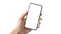 Hand holding modern smartphone with blank white screen isolated on white background for mobile app mockup and digital technology presentation.