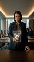 Professional woman in dark blazer holding glowing neon tablet with abstract wave design in modern conference room, suitable for business technology and corporate innovation concepts.