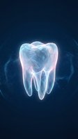 Glowing translucent tooth with holographic effect on dark blue background for dental care and oral health concepts.