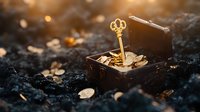 Vintage treasure chest filled with golden coins and decorative key in mystical sunset light, creating magical atmosphere for fantasy and wealth concepts.