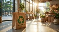Eco-friendly paper shopping bag with recycling symbol in modern sustainable retail store interior with natural lighting and green plants.