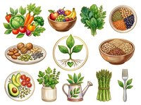 Fresh vegetables, fruits, legumes, and herbs arranged in bowls and plates with watering can and fork. Isolated clipart elements ready for nutritional, culinary, and wellness design projects.