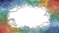 Colorful horse head silhouettes frame border with rainbow gradient background, isolated white center space for text or design elements.