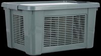 Gray plastic storage basket with lid and ventilation slots, isolated on transparent background. Great for clipart, stickers, print on demand, and t-shirt design use.