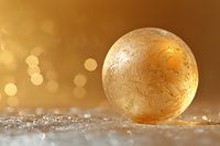 Golden sphere with crystalline texture resting on glittering surface against warm bokeh background. Luxury cosmetics, skincare product visualization, premium packaging design.