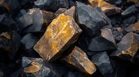 Raw black and golden stones with rough surface texture in natural sunlight, creating dramatic contrast between dark and bright mineral fragments.