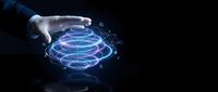 Hand touching futuristic holographic interface with glowing blue circular rings and digital particles on dark background for technology concepts.